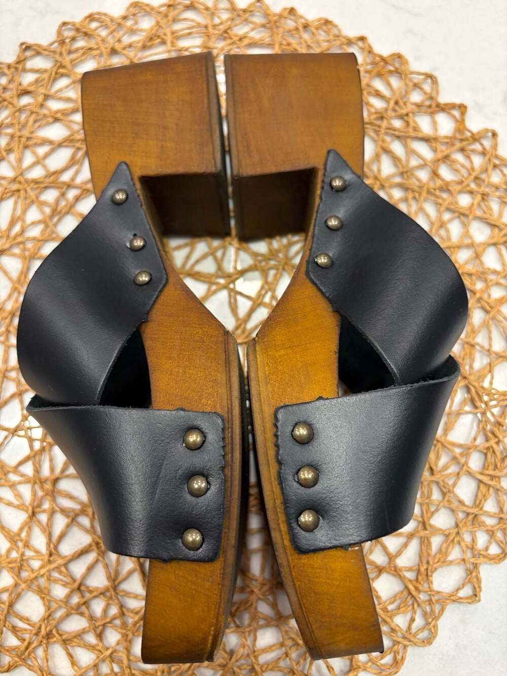 Seychelles Black Leather Criss Cross Wooden Platform Clog Sandals - Picture 5 of 9